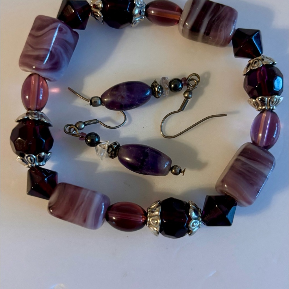 Artisan Amethyst Dangle earrings & Purple/SilverBeaded/Stone Bracelet.